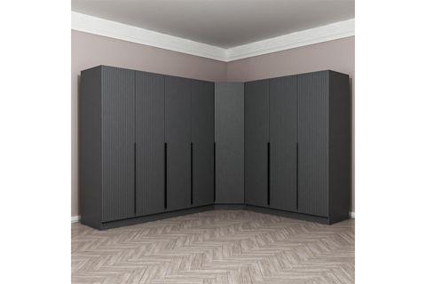 KALEPLUS 8 KAPAKLI 4 ÇEKMECELİ KÖŞE DOLAP ANTRASİT MEBRAN ANTRASİT ÇİZGİLİ 210CM