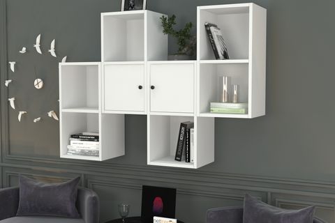 KİTAPLIKLI KAPAKLI DUVAR RAFI, BEYAZ, 135 CM, DVR-1067-Ç