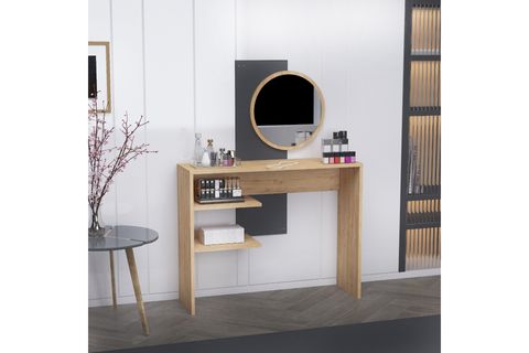 DALİ GENİŞ AYNALI RAFLI MAKYAJ MASASI, SAFİRMEŞE ANTRASİT