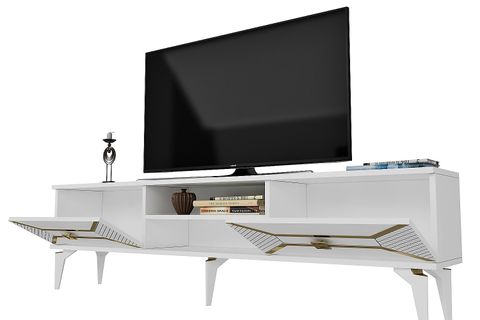 YUMEDİ TV ÜNİTESİ, İKİ RAFLI İKİ KAPAKLI, ALTIN-BEYAZ