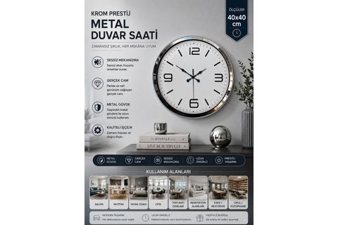 PRESTİJ KROM METAL DUVAR SAATİ 40 CM
