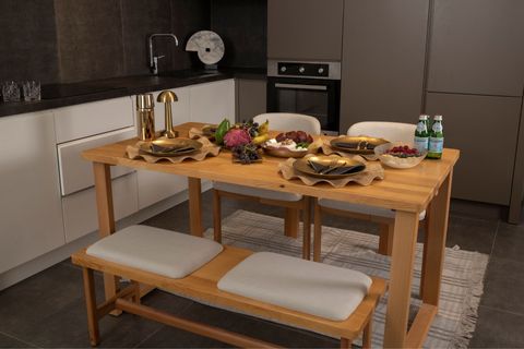 CHERİ SIRT MİNDERLİ İSKANDİNAV BENCHLİ MASİF MASA TAKIMI, KREM, 2 SANDALYELİ, 80X160