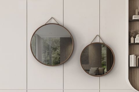 MİRORA İKİLİ YUVARLAK DEKORATİF DUVAR AYNASI, AMERİKAN CEVİZ, 60-48 CM