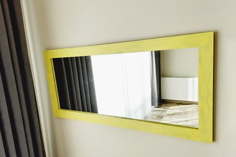 DFN WOOD MASİF AHŞAP DİKDÖRTGEN DEKORATİF AYNA, SARI, 120X50