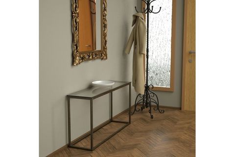 POTRİCA METAL DRESUAR, ESKİTME PİRİNÇ AYAK, ŞEFFAF CAM TABLA
