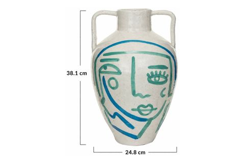 BEYAZ MAVİ TURKUAZ SOYUT YÜZ TERRACOTTA VAZO BOHO