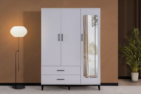 BLESK AYNALI ÇEKMECELİ GARDIROP, BEYAZ, 3 KAPAKLI