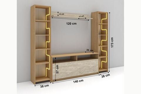 LABİRENT LEDLİ DUVAR TV ÜNİTESİ, TRAVERTEN KAPAK MEŞE
