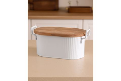 THE MİA STRİPE AHŞAP KAPAKLI EKMEK SAKLAMA KUTUSU BEYAZ 40X22X18 CM