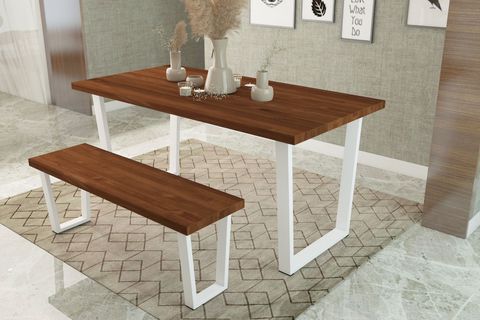 WOODESK MAYIS MASİF BANKLI YEMEK MASASI TAKIMI, TİK RENK, 140X70, CPT7514-140