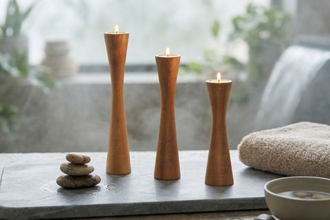 DİVAN KAYIN AHŞAP ÜÇLÜ ŞAMDAN SETİ, KOYU CEVİZ,  15-20-25 CM