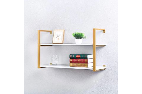 TASNİA GOLD METAL AHŞAP DUVAR RAFI 90 CM 2 KATLI