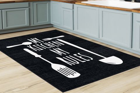 GARDENYA MUTFAK HALISI, ÇATAL BIÇAK DESENLİ KİTCHEN RULES SLOGANLI, 150X200