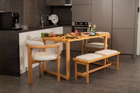 CHERİ SIRT MİNDERLİ İSKANDİNAV BENCHLİ MASİF MASA TAKIMI, KREM, 2 SANDALYELİ, 80X160