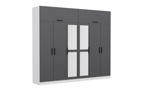 MİNAR KALE GARDIROP, 6 KAPAKLI 2 AYNALI 4 ÇEKMECELİ, BEYAZ ANTRASİT, 190 CM