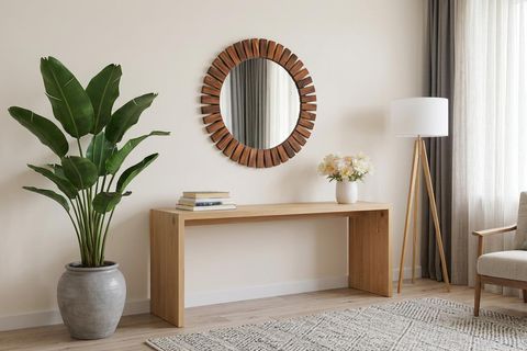 DFN WOOD FLOWER CEVİZ RENGİ AHŞAP YUVARLAK AYNA, 90X90 CM