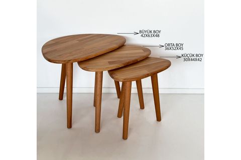 DOĞAL MASİF AHŞAP DAMLA SEHPA SETİ, ÜÇLÜ, KAYIN