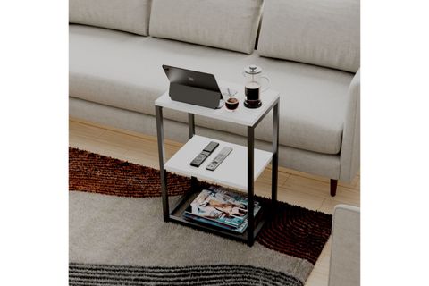 LİNA METAL AYAKLI AHŞAP RAFLI YAN SEHPA, BEYAZ