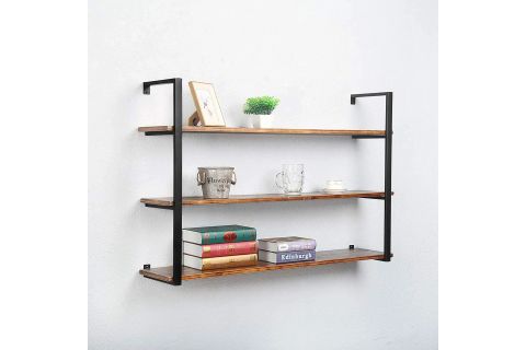TASNİA SİYAH METAL AHŞAP DUVAR RAFI 120 CM 3 KATLI
