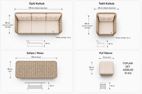 KAPADOKYA MAXİ MİNDERLİ BAHÇE TAKIMI, 6 KİŞİLİK, BEJ