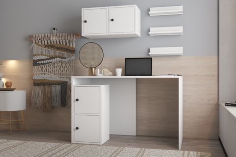 MODÜLER ÇALIŞMA MASASI, DUVAR DOLAPLI VE RAFLI