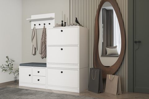 LUNA PUFLU RAFLI ASKILIKLI ÇEKMECELİ BEYAZ VESTİYER ÇITASIZ 130 CM VST 1105 Ç