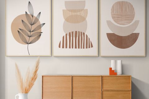 BOHEM YAPRAK VE SOYUT ŞEKİLLER NATURAL ÇERÇEVE TABLO SETİ 21X30