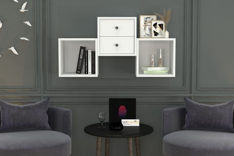 KİTAPLIKLI ÇEKMECELİ DUVAR RAFI, BEYAZ, 100 CM, DVR-1018-Ç
