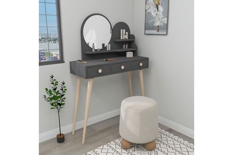 ARNETTİ RUGES ÇEKMECELİ AHŞAP AYAKLI AYNALI MAKYAJ MASASI, ANTRASİT - RUGES