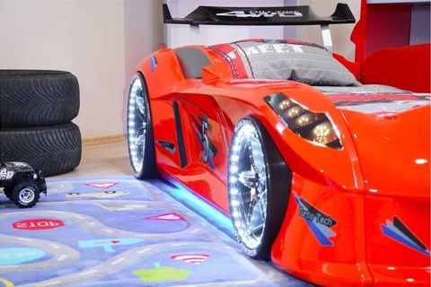 JAGUAR KIRMIZI FULL LEDLİ ARABALI YATAK, 90X190