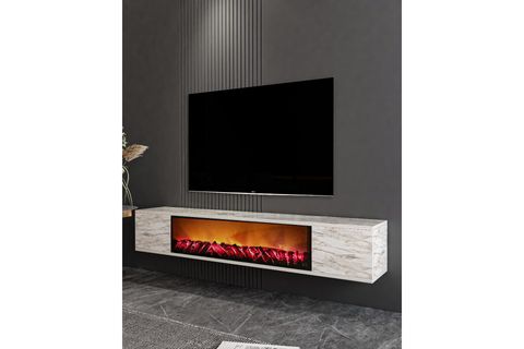 PARLA ŞÖMİNELİ DUVARA MONTAJ TV SEHPASI, EFESMERMER, 150 CM