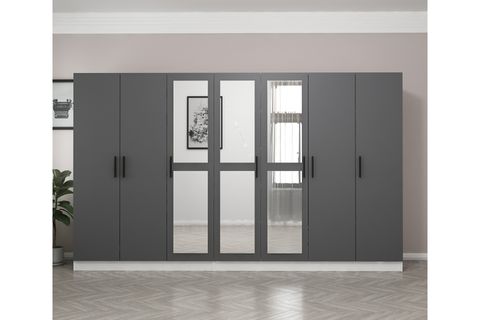 MİNAR KALE 7 KAPAKLI 3 AYNALI 4 ÇEKMECELİ DOLAP BEYAZ ANTRASİT 210CM