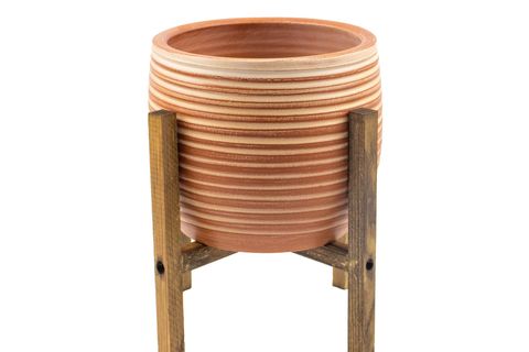 BİTKİ TASARIMI YAN ÇİZGİ TERAKOTA SAKSI, 4 AYAKLI, KİREMİT BEYAZ, 19CM