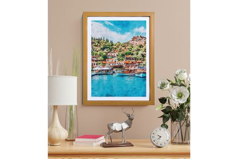 NATUREL ÇERÇEVELİ SULUBOYA ANTALYA KAŞ TABLOSU 33X43 CM