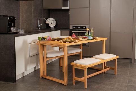 CHERİ SIRT MİNDERLİ İSKANDİNAV BENCHLİ MASİF MASA TAKIMI, KREM, 2 SANDALYELİ, 80X160