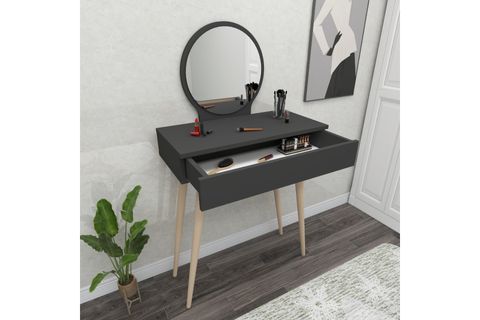 ARNETTİ SİENA ÇEKMECELİ AHŞAP AYAKLI AYNALI MAKYAJ MASASI, ANTRASİT - SİENA