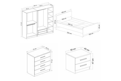 KALE210 YATAK ODASI TAKIMI, ESKİTME BEYAZ, 5 KAPAKLI, SET 93