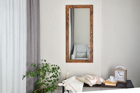 DFN WOOD LİGNA DİKDÖRTGEN CEVİZ RENGİ AHŞAP DEKORATİF AYNA, 130X60 CM