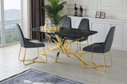 LARA ÇAPRAZ HİGH GLOSS YEMEK MASA TAKIMI, GOLD, 160X90