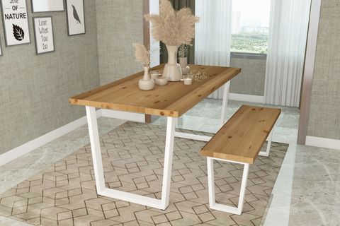 WOODESK MAYIS MASİF BANKLI YEMEK MASASI TAKIMI, NATURAL RENK, 140X70, CPT7684-140