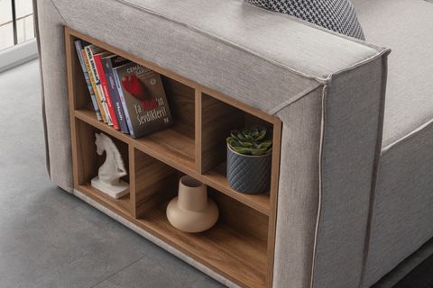 SOFT SIRT MİNDERLİ KİTAPLIKLI MODÜLER KÖŞE KOLTUK TAKIMI, KETEN, KREM
