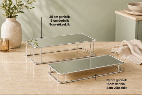 PRİZMA AYNALI TEPSİ İKİLİ SET, GÜMÜŞ, 30X15 CM