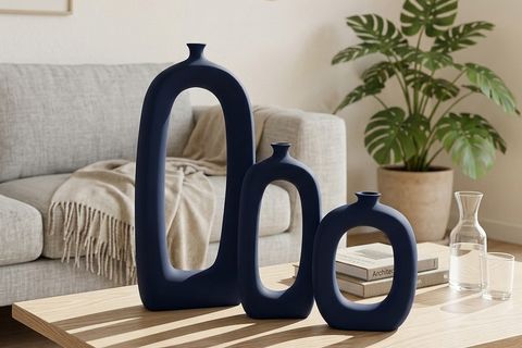 İSKANDİNAV DELİKLİ VAZO, ÜÇLÜ SET, LACİVERT