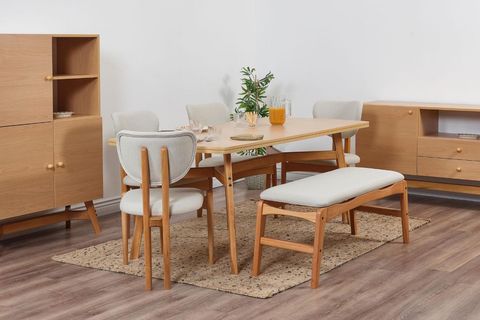 MOON BENCHLİ İSKANDİNAV MASA TAKIMI, 4 SANDALYELİ, KREM, 180X90