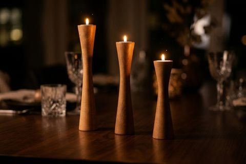 DİVAN KAYIN AHŞAP ÜÇLÜ ŞAMDAN SETİ, KOYU CEVİZ,  15-20-25 CM