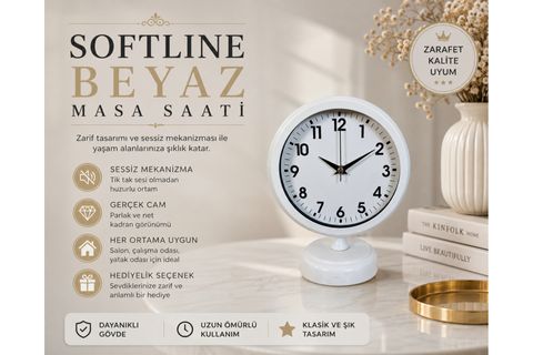 SOFTLİNE BEYAZ METAL MASA SAATİ 25X20 CM