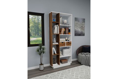 LUMA ÇOK GÖZLÜ KİTAPLIK 10 RAFLI VE 2 DOLAPLI, BEYAZ CEVİZ