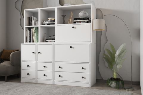 LEKSA DÜŞER KAPAKLI ÇEKMECELİ KİTAPLIK 130 CM BEYAZ KTP-1309-Ç
