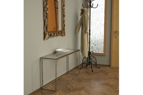POTRİCA METAL DRESUAR, ESKİTME PİRİNÇ AYAK, ŞEFFAF CAM TABLA