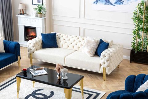 Üçlü Koltuk, Krem, Gold Ayak